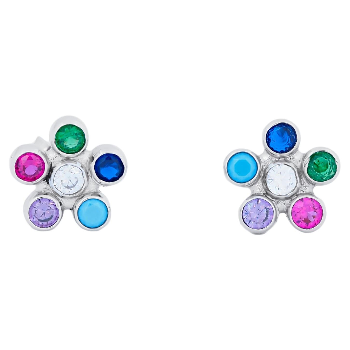 Multicolor gemstone flower earrings studs in 14k gold. For Sale