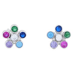 Multicolor gemstone flower earrings studs in 14k gold.