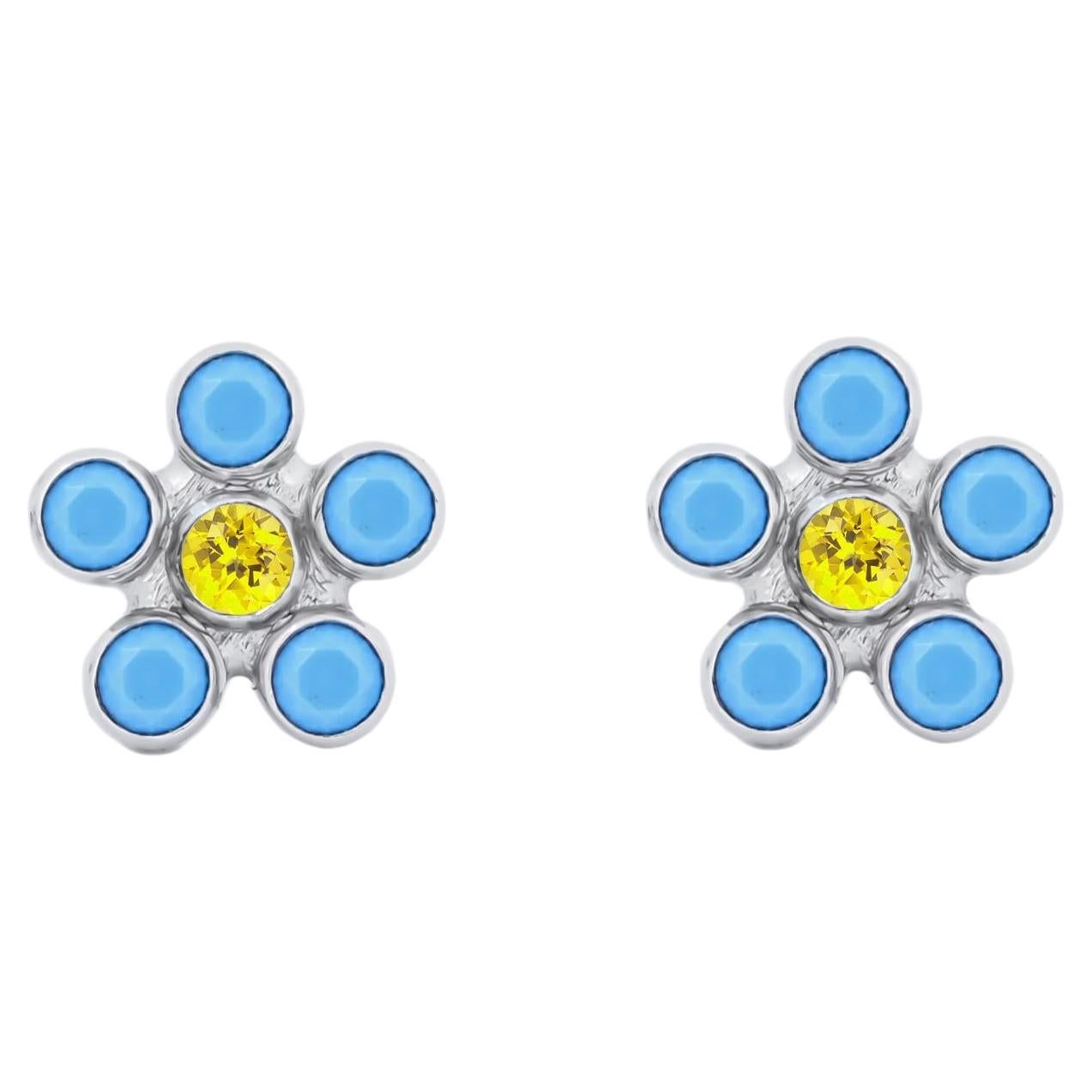 Multicolor gemstone flower earrings studs in 14k gold.