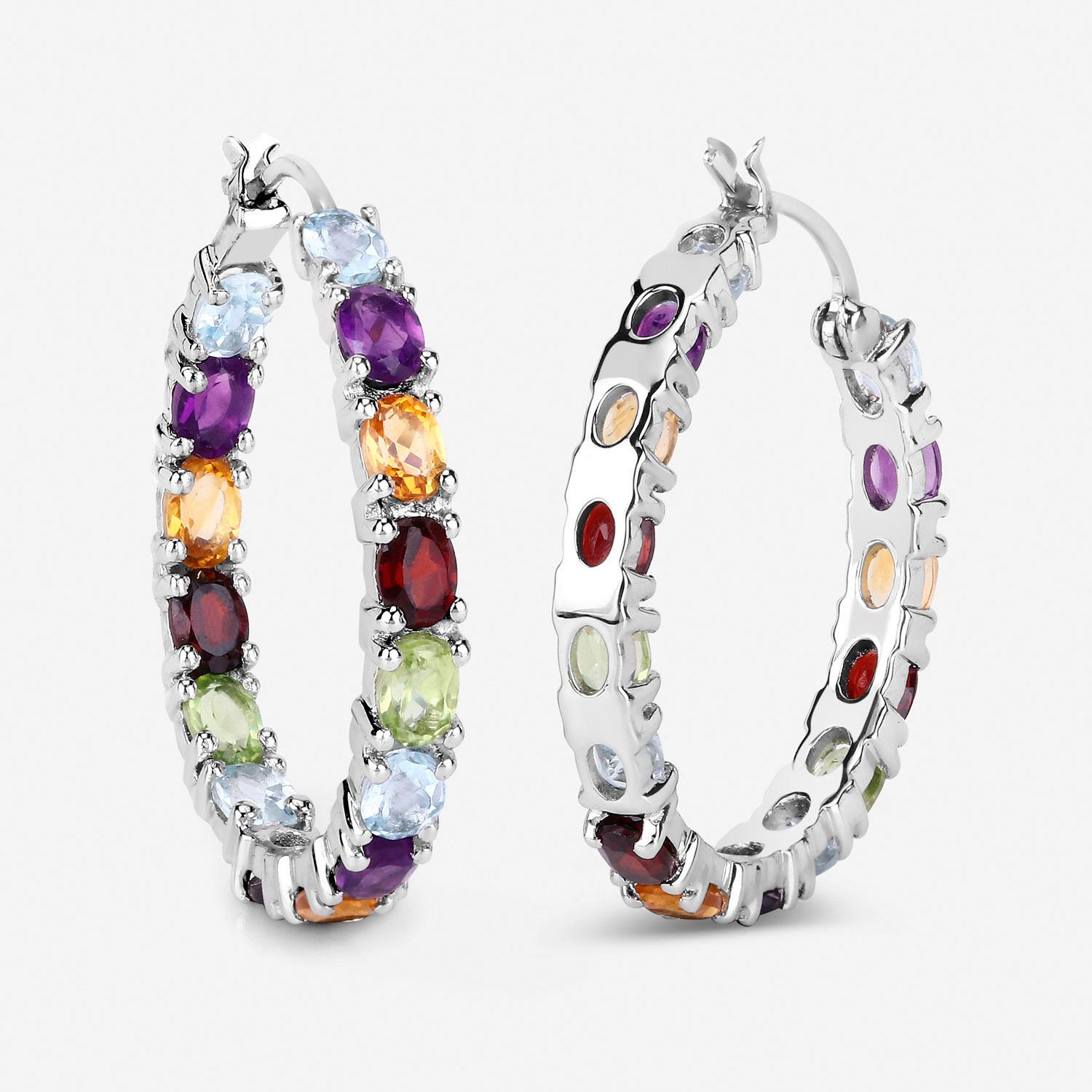 Multicolor Edelstein Creolen 5,3 Karat Rhodiniertes Silber im Angebot 1