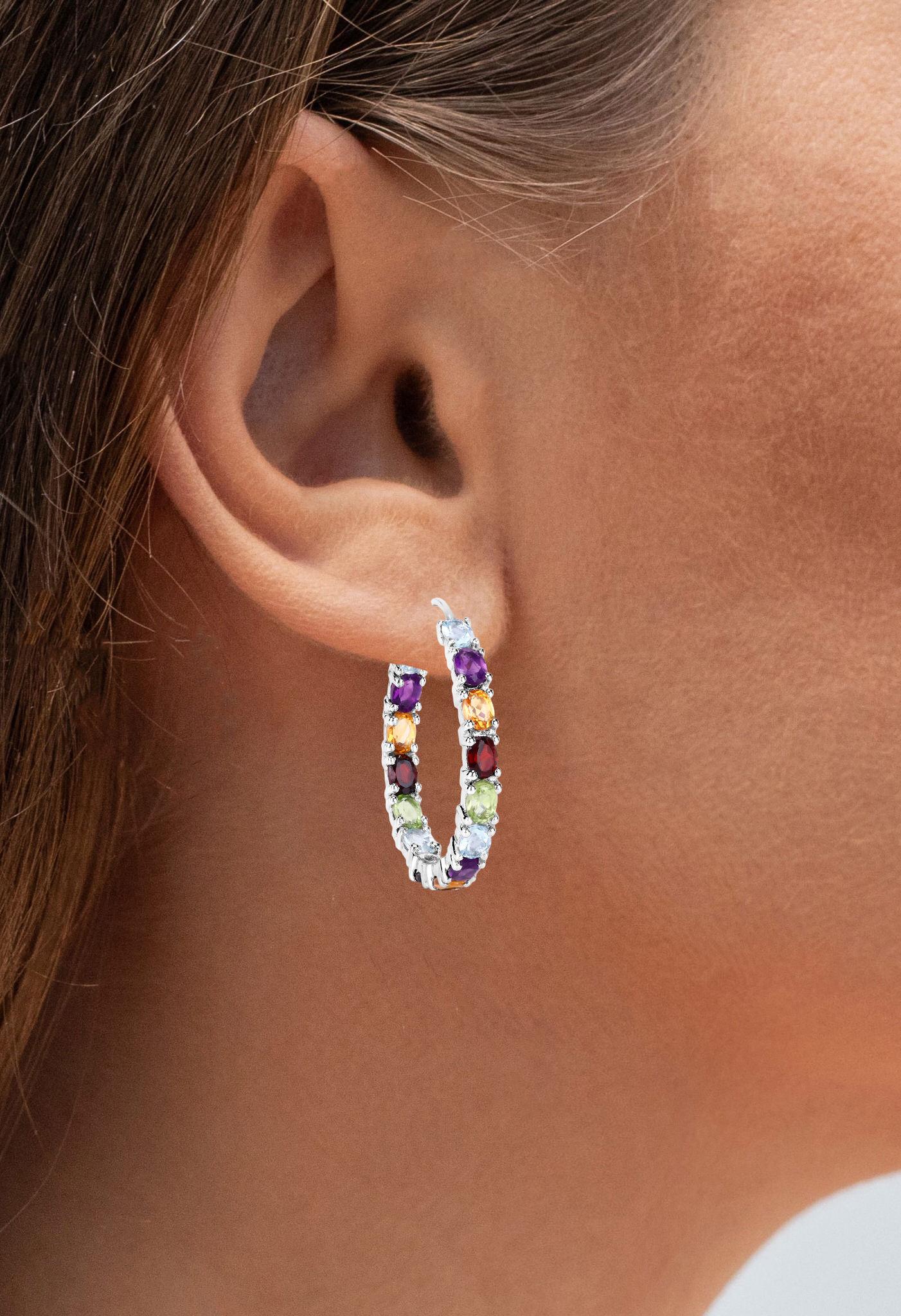 Multicolor Edelstein Creolen 5,3 Karat Rhodiniertes Silber im Angebot 2