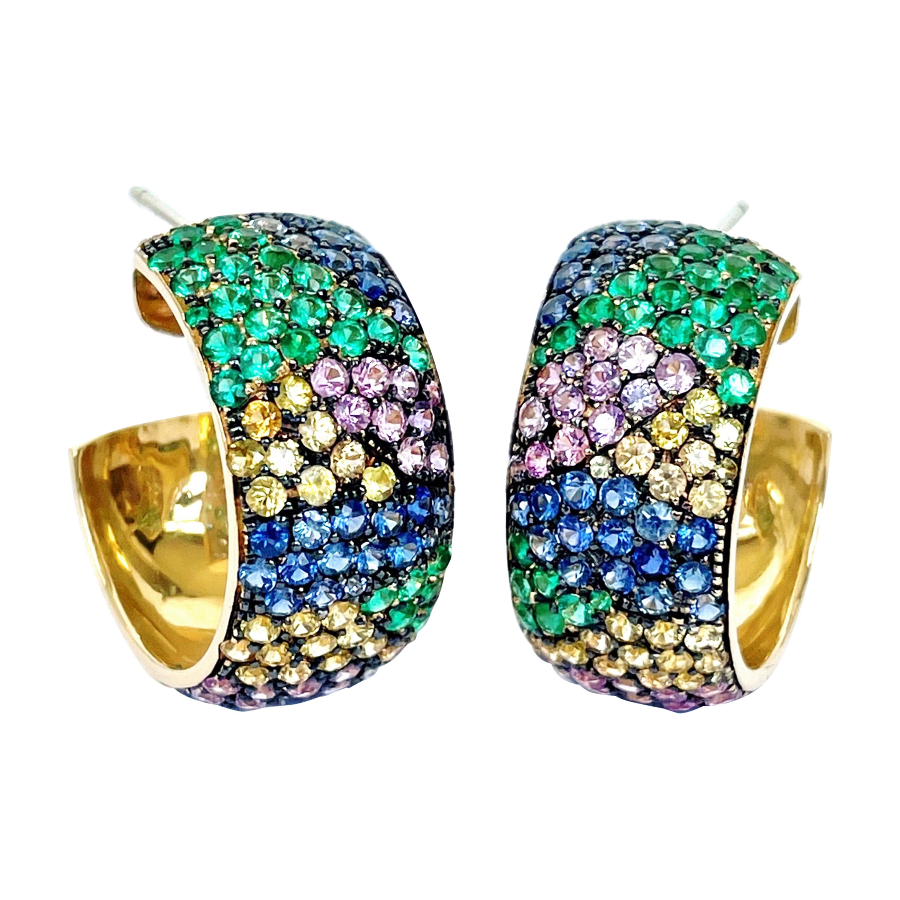 Rosior Multicolor Gemstone Hoop Earrings set in Yellow Gold For Sale