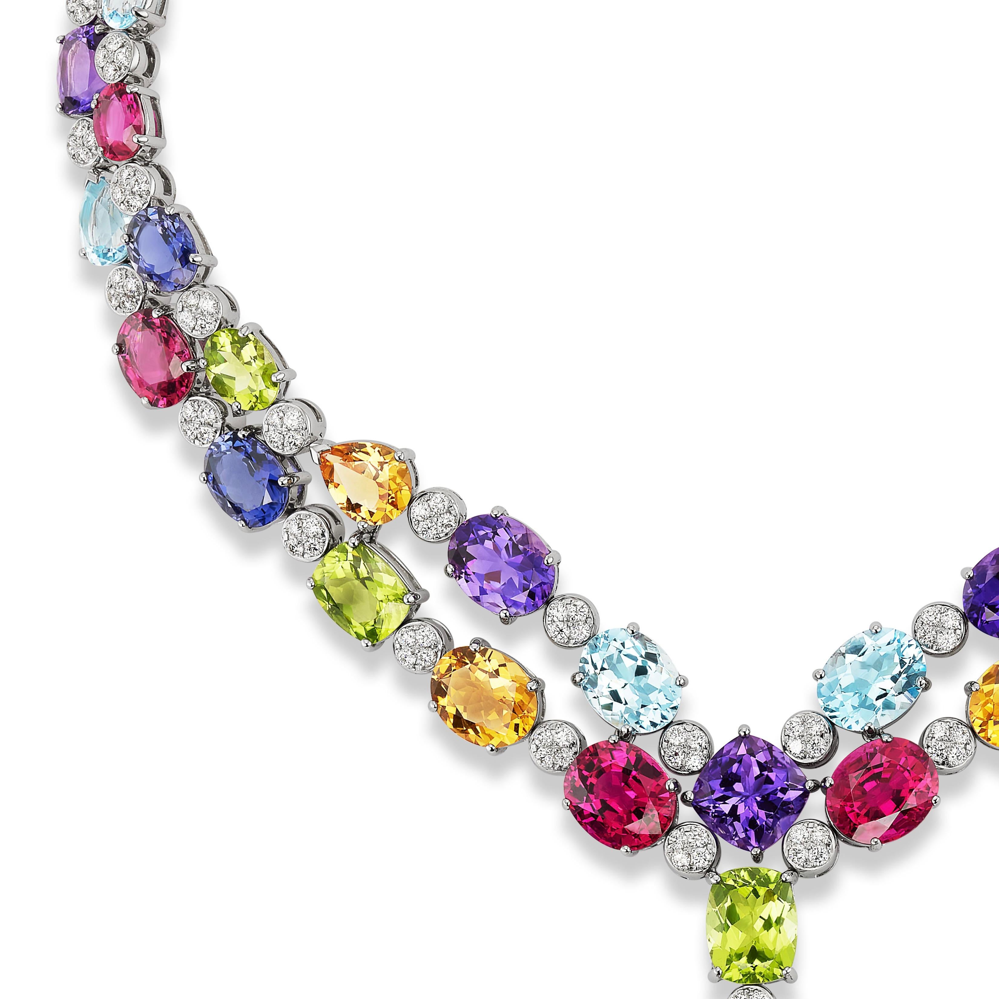 Multicolor Edelstein-Halskette mit birnenförmigem Rubellit-Anhänger im Zustand „Hervorragend“ in Bal Harbour, FL