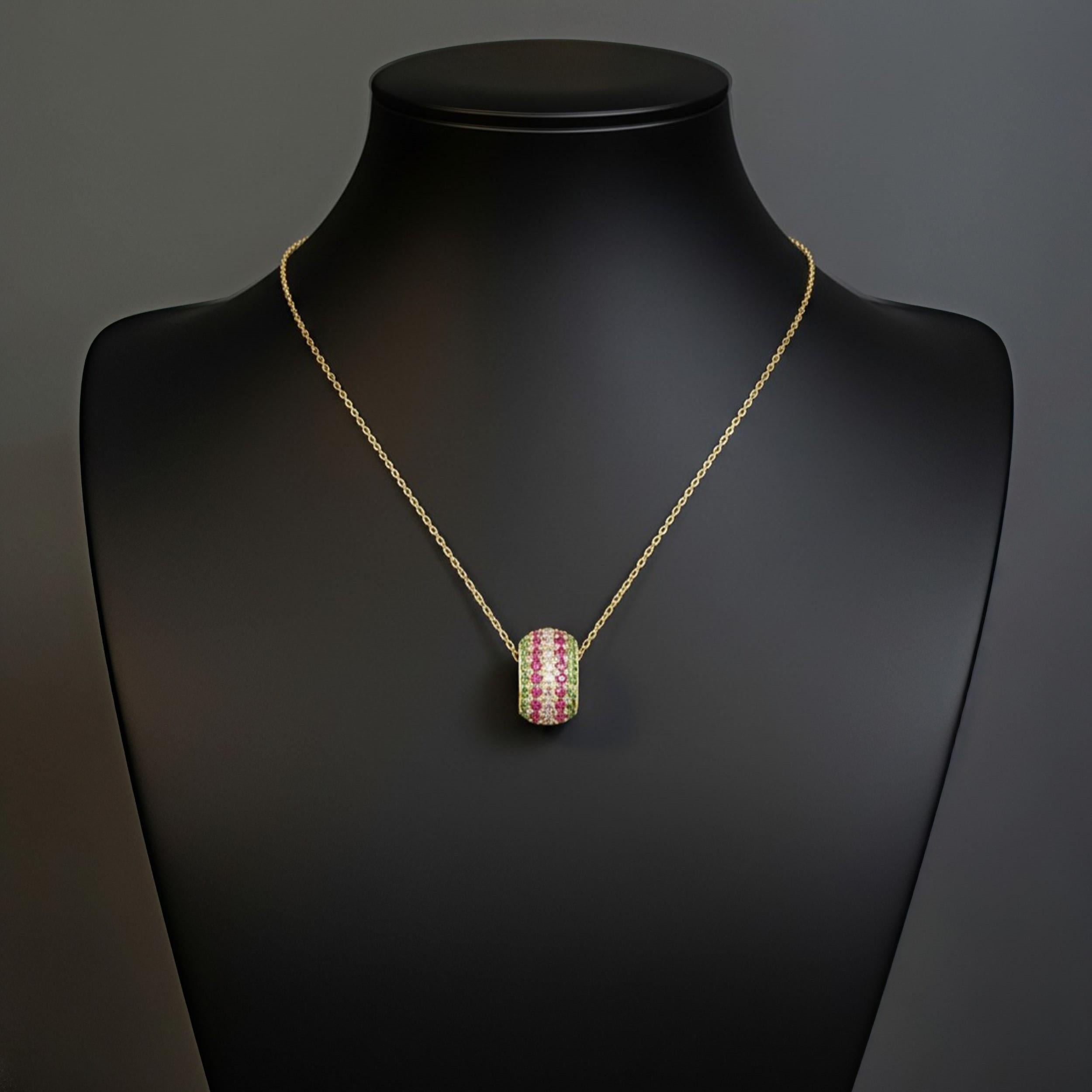 Multicolor Edelstein Pavé Barrel 14K (18Kuponrequest Gelbgold-Anhänger Halskette (Moderne) im Angebot