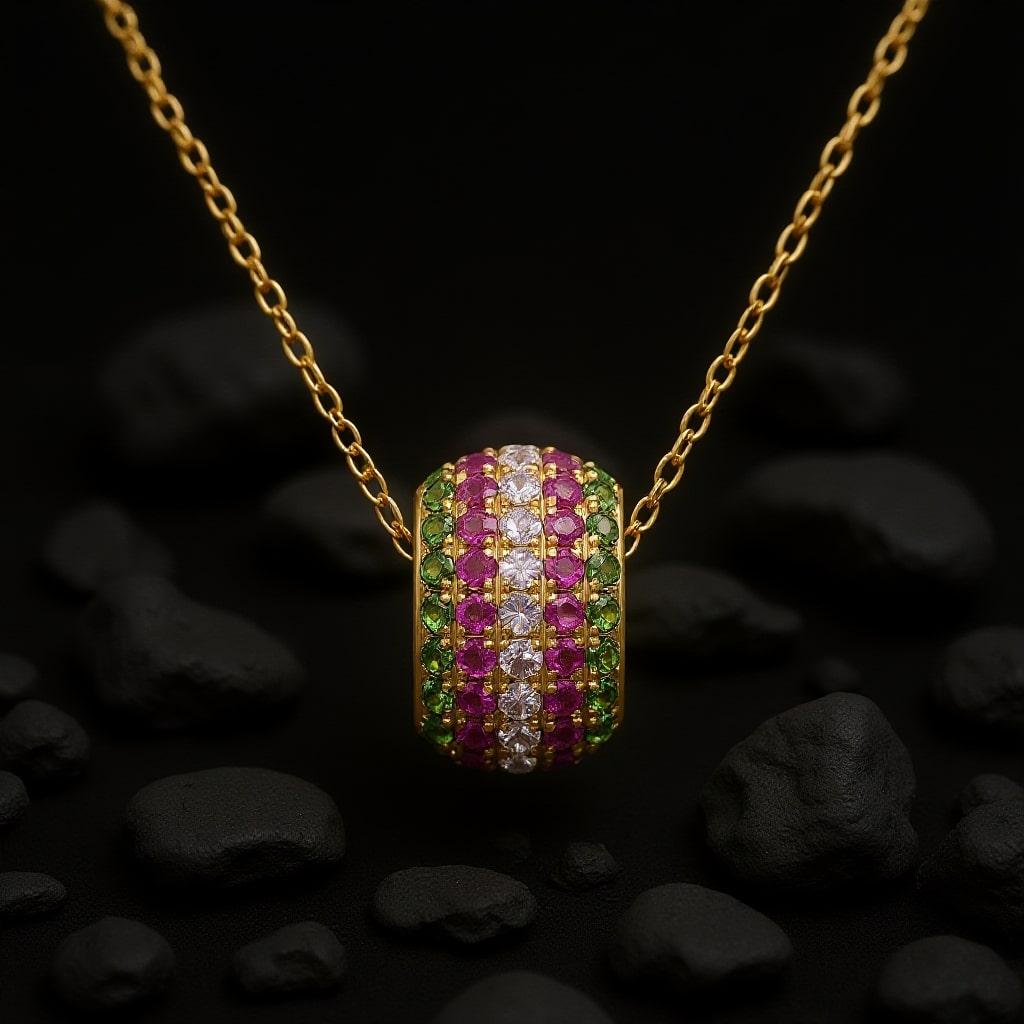Multicolor Edelstein Pavé Barrel 14K (18Kuponrequest Gelbgold-Anhänger Halskette im Zustand „Neu“ im Angebot in Los Angeles, CA