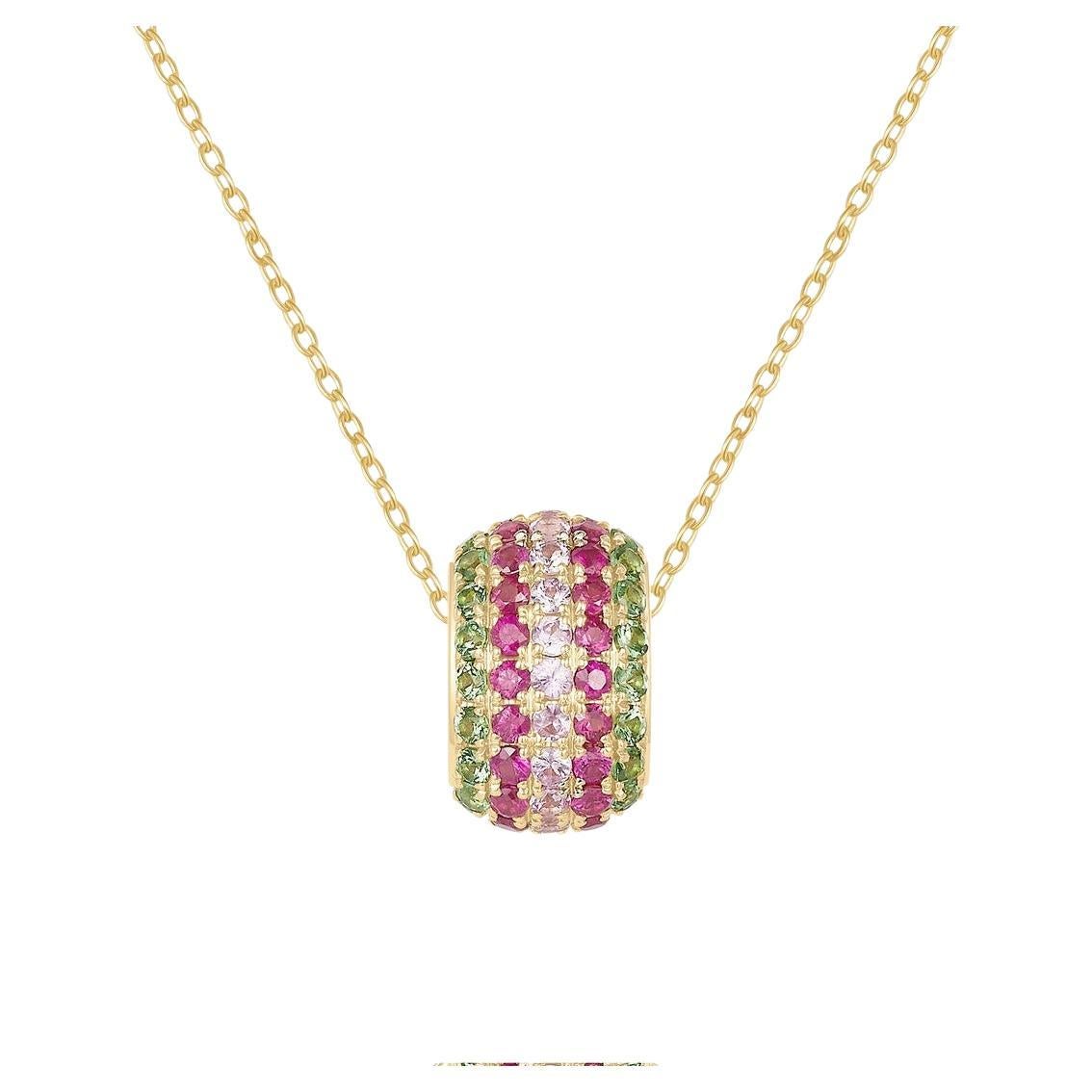 Multicolor Edelstein Pavé Barrel 14K (18Kuponrequest Gelbgold-Anhänger Halskette im Angebot