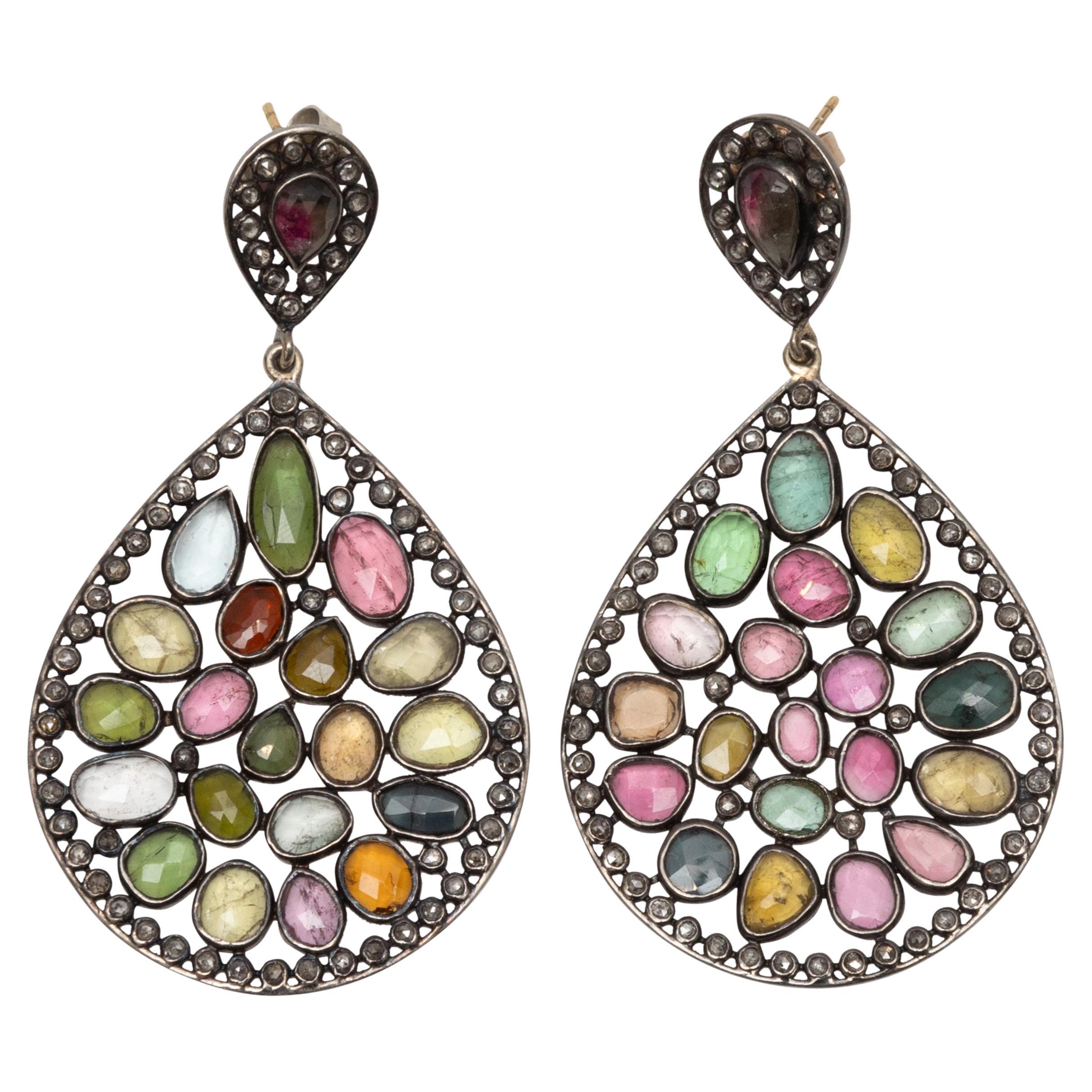 Multicolor Gemstone and Pave Diamond Bavna Dangly Earrings For Sale at  1stDibs