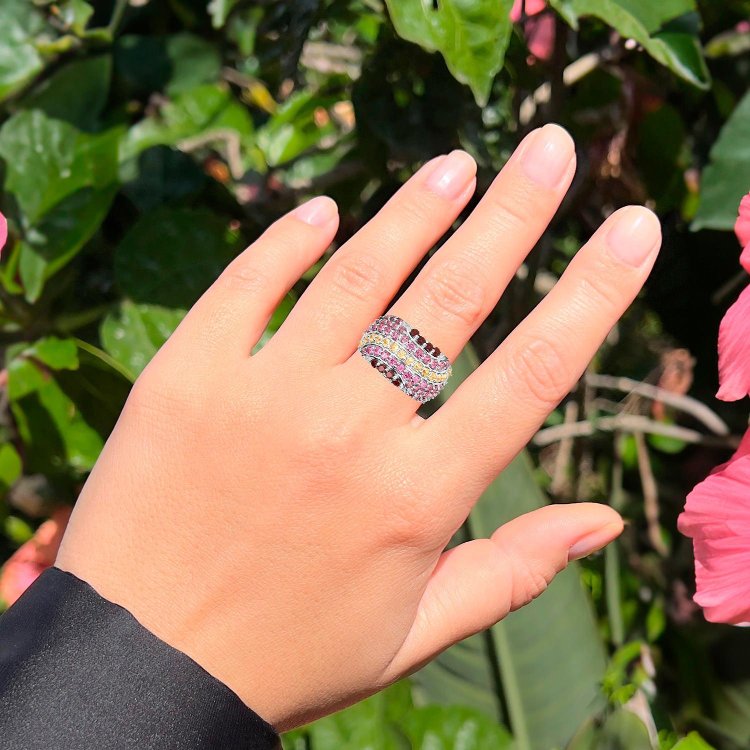 Contemporary Multicolor Gemstone Ring Garnet Citrine Rhodolite 2.32 Carats Sterling Silver For Sale