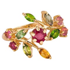 Multicolor gemstone ring: Tourmaline, Sapphire, Ruby. 