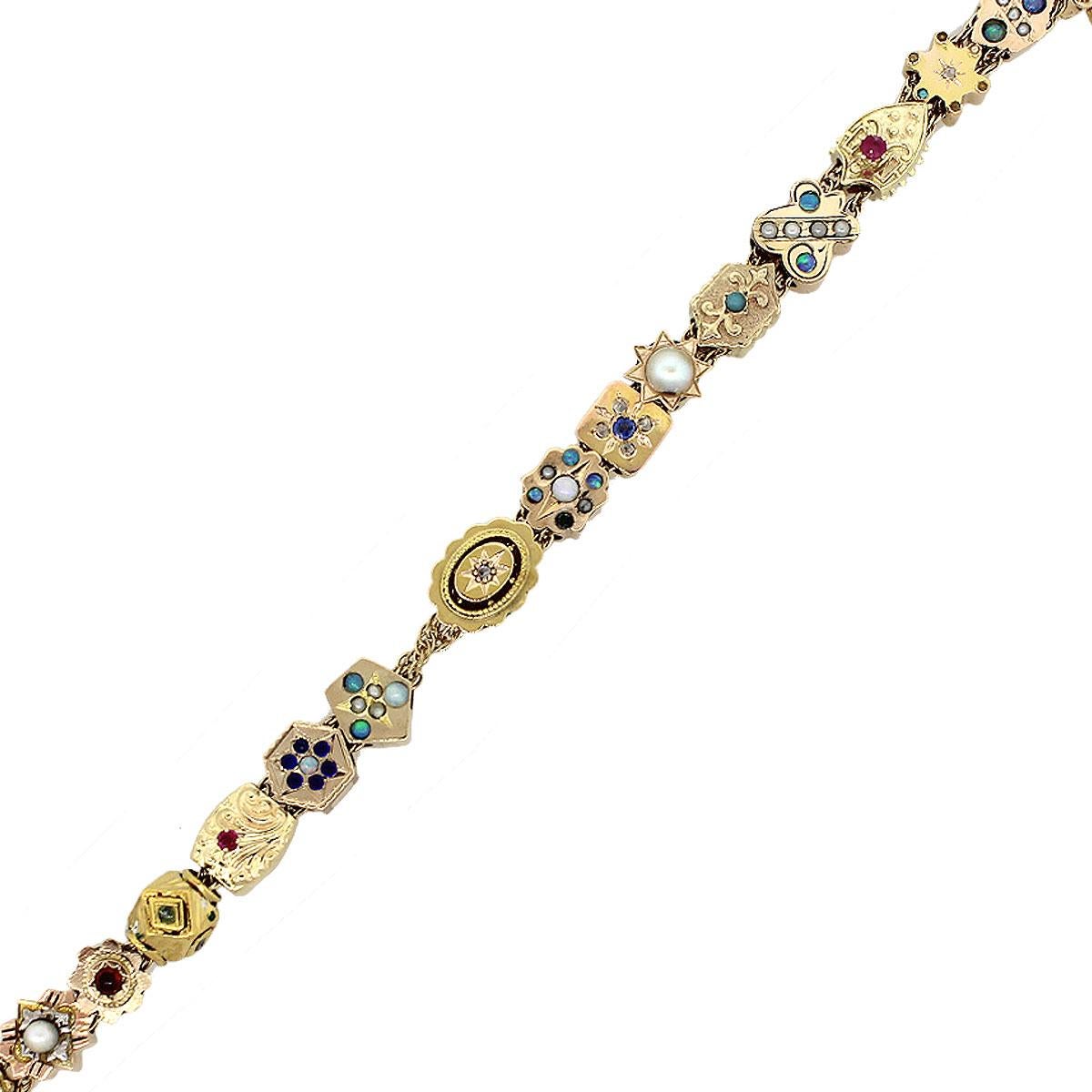 Material: 14k Yellow Gold
Gemstone Details: Pearl, cabochon Turquoise, Opal, pink tourmaline
Clasp: Tongue in box with safety latch
Measurement: It will fit up to a 7″ wrist
Total Weight: 21.6g (13.9dwt)
SKU: G8480