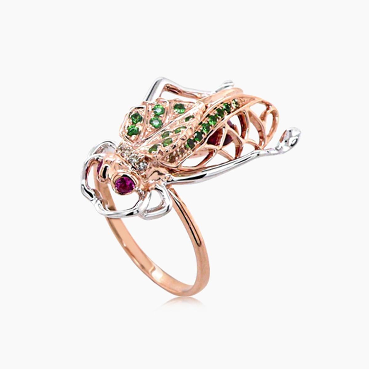 Mixed Cut Multicolor Gemstone & Tourmaline Diamond Pave Fly Bug 18K Rose Gold Animal Ring For Sale