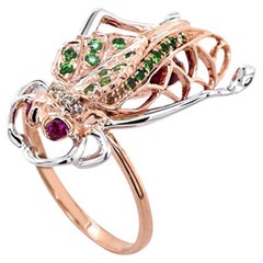 Multicolor Gemstone & Tourmaline Diamond Pave Fly Bug 18K Rose Gold Animal Ring