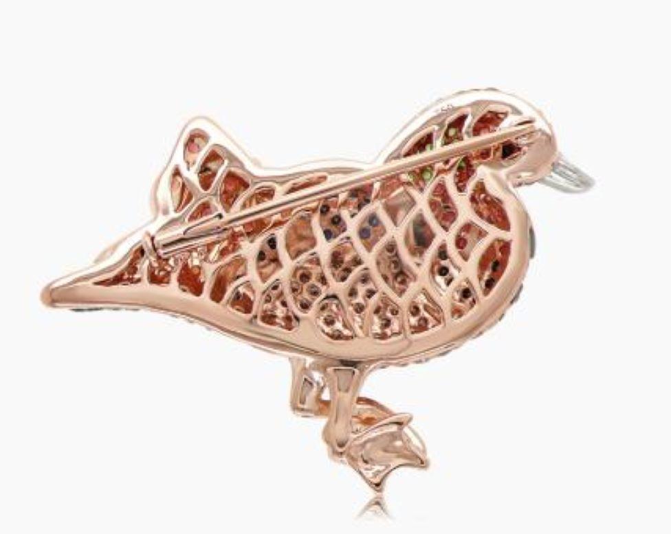 Broche de oro rosa con piedras preciosas multicolor y diamante negro blanco pavé Ganso pato Corte mixto en venta