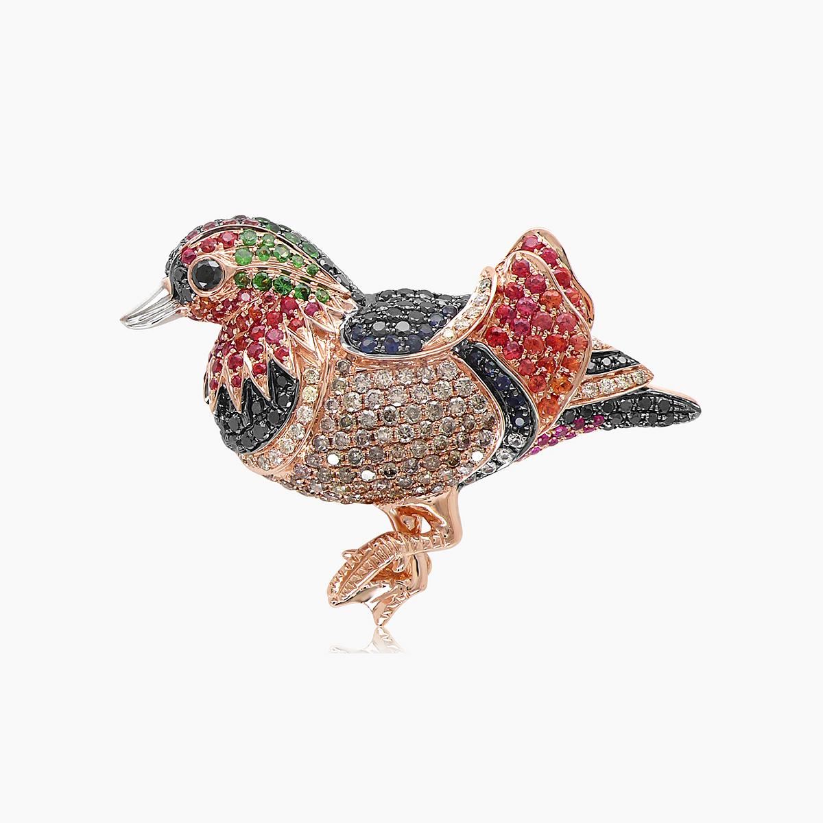 Broche de oro rosa con piedras preciosas multicolor y diamante negro blanco pavé Ganso pato en Nuevo estado para la venta en Oakton, VA
