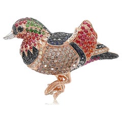 Multicolor Gemstone & White Black Diamond Pave Duck Goose Rose Gold Pin Brooch