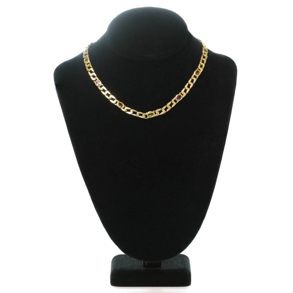 Multi-Color Gemstone Yellow Gold Curb Chain Necklace In Excellent Condition In New York, NY