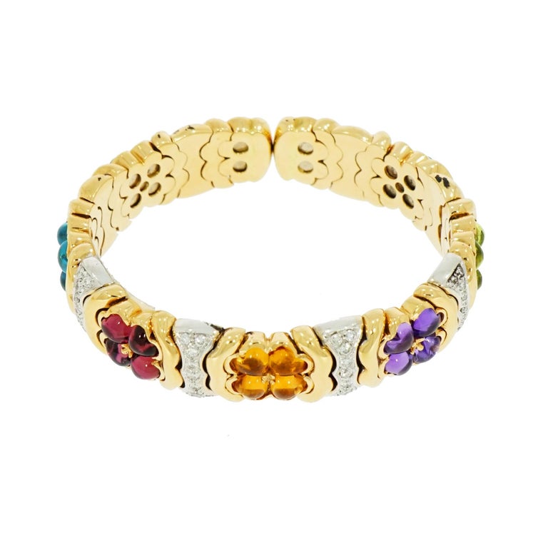 Multi-Color Gemstones and Diamond Flowers Yellow Gold Bracelet at 1stDibs