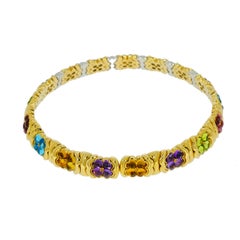Multi-Color Gemstones and Diamond Flowers Yellow Gold Necklace