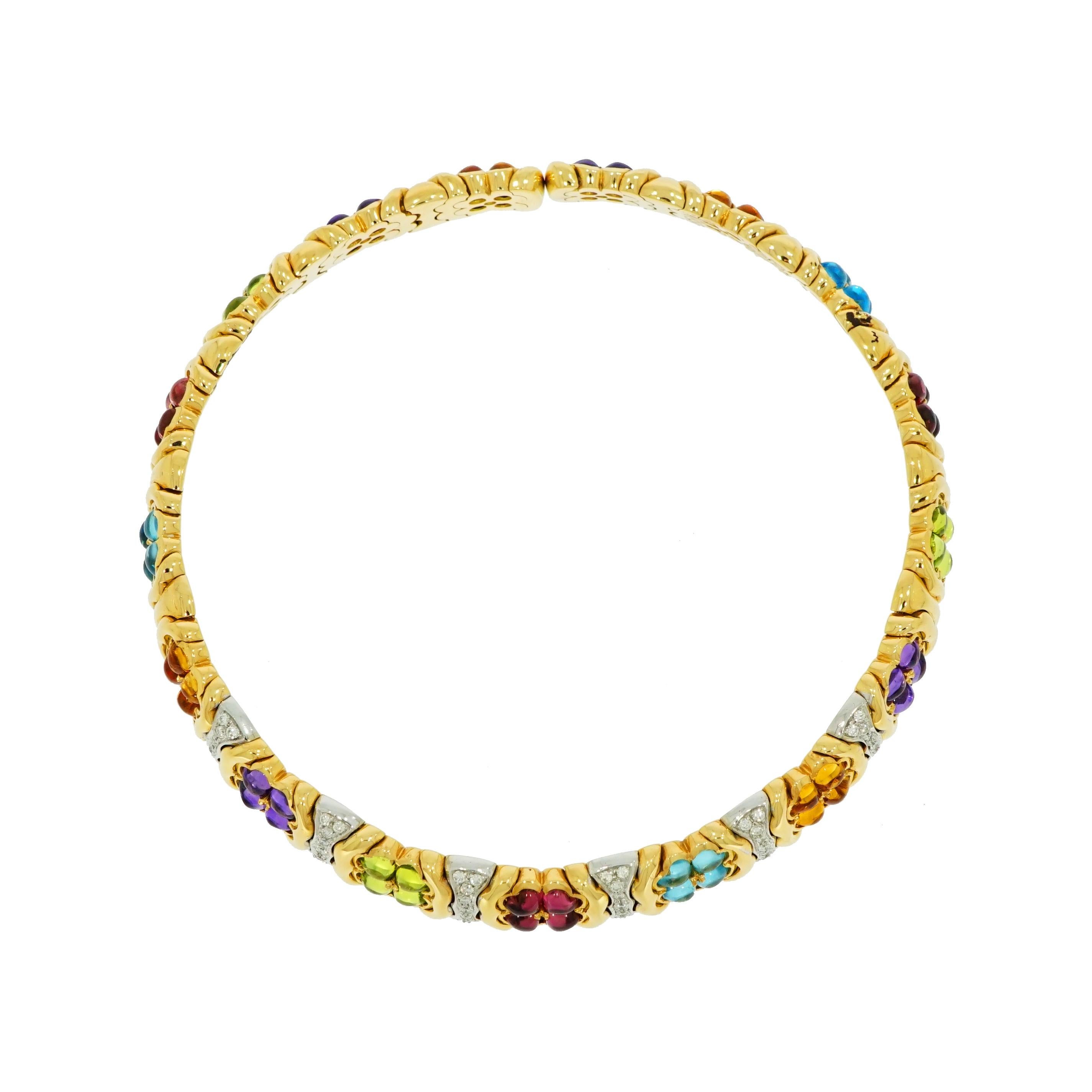 Romantic Multi-Color Gemstones and Diamond Flowers Yellow Gold Necklace
