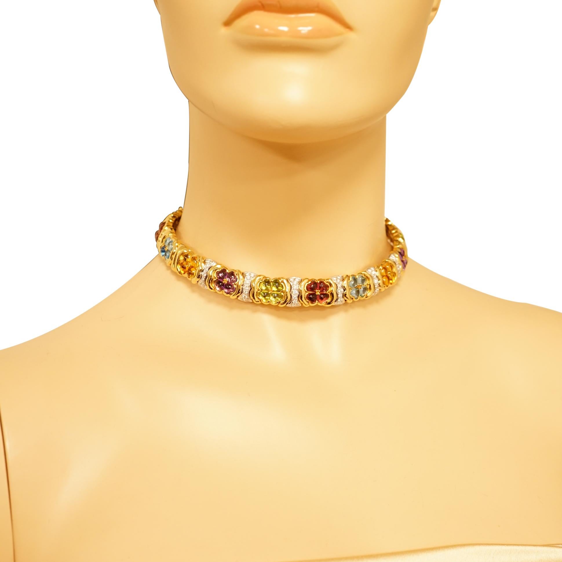 Multi-Color Gemstones and Diamond Flowers Yellow Gold Necklace In Excellent Condition In Greenwich, CT