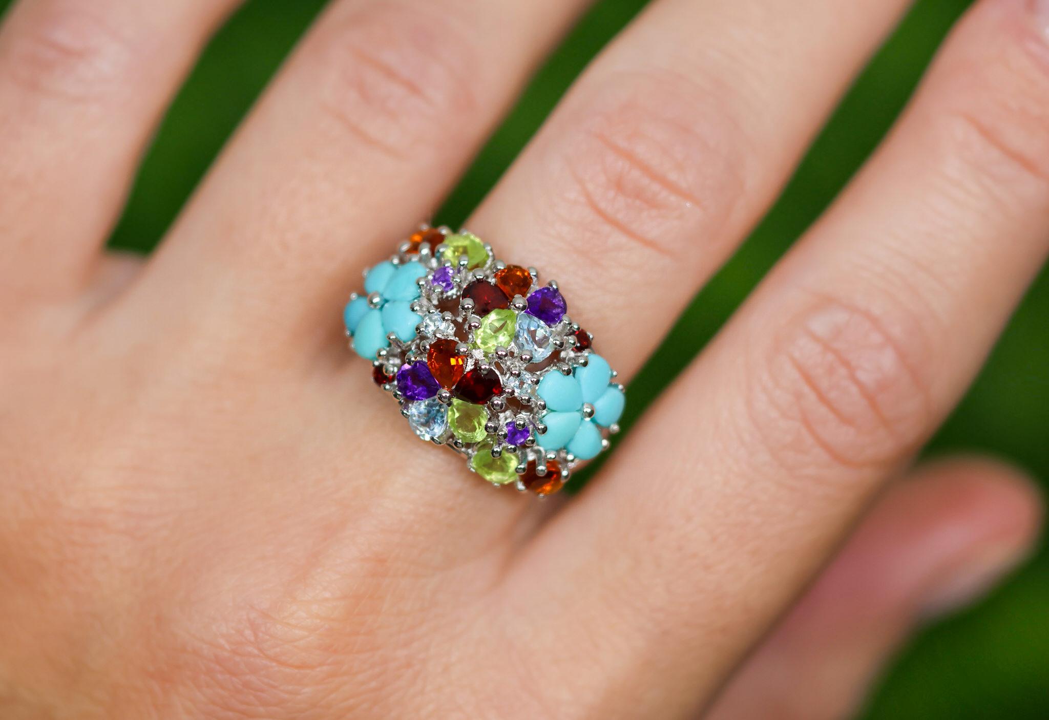Contemporary Multicolor Gemstones Cluster Flower Ring 4.06 Carats For Sale