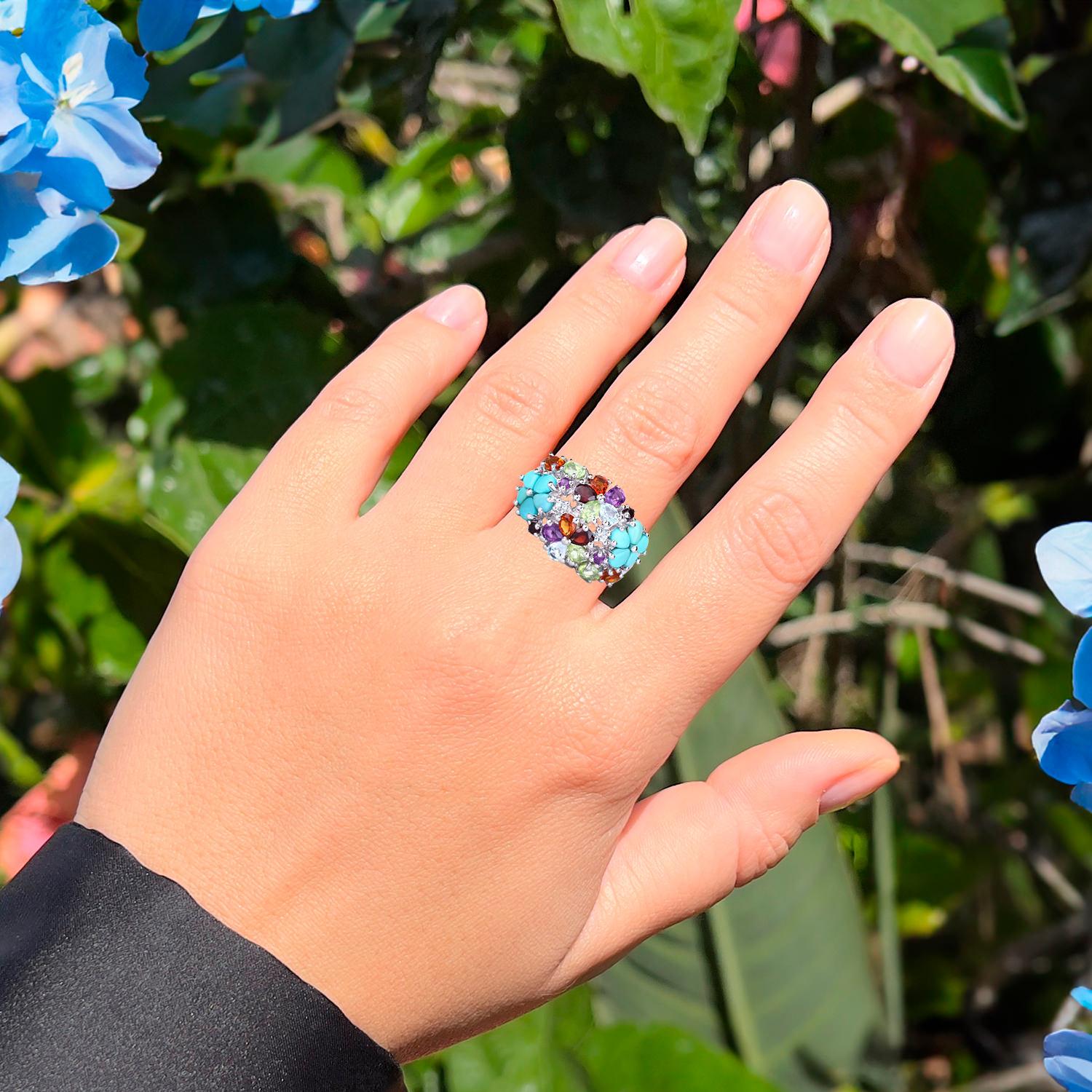 Mixed Cut Multicolor Gemstones Cluster Flower Ring 4.06 Carats For Sale