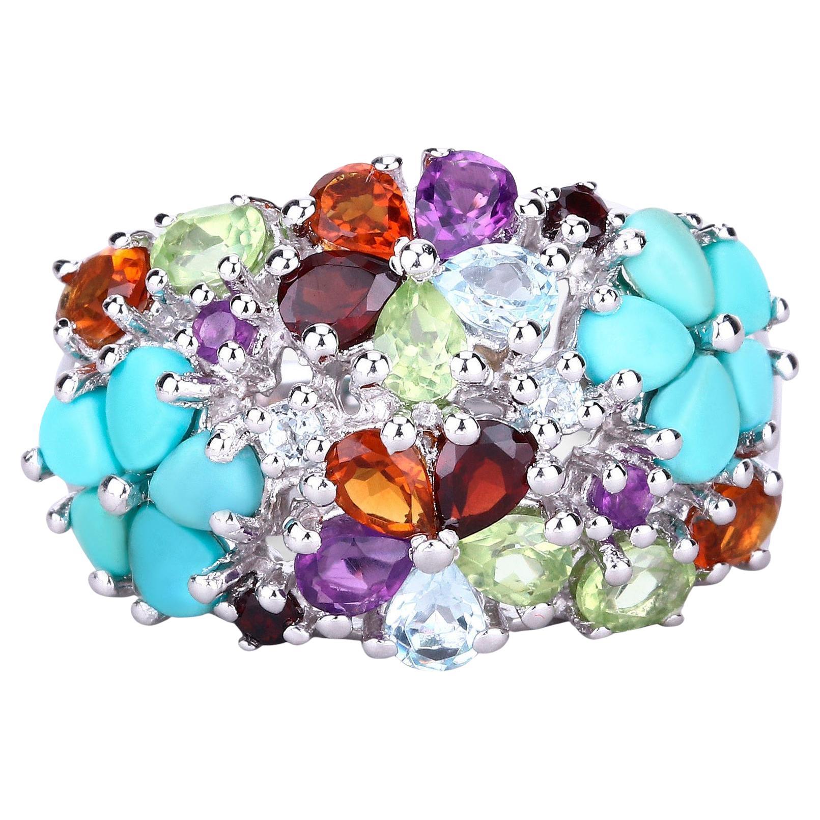 Multicolor Gemstones Cluster Flower Ring 4.06 Carats For Sale