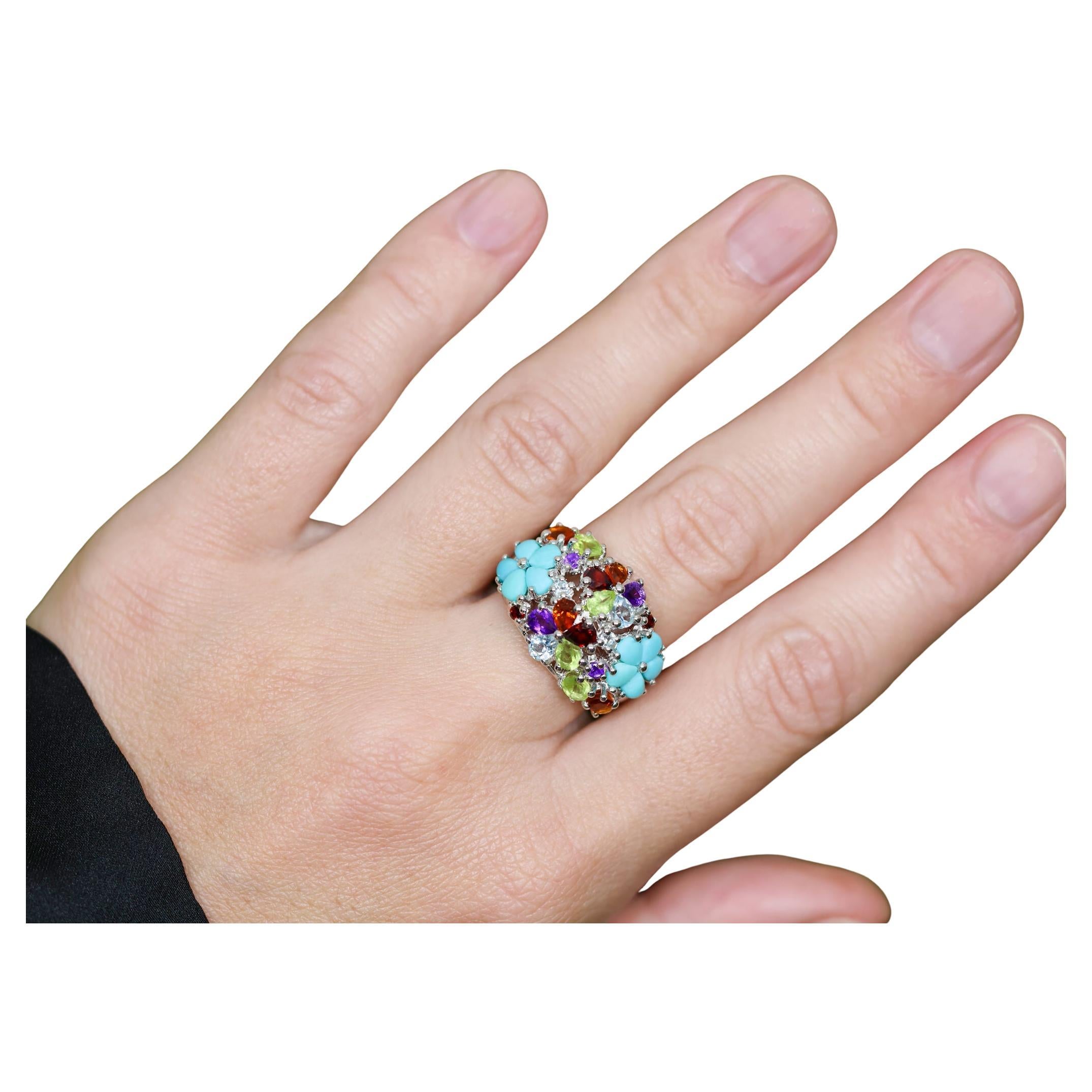 Multicolor Gemstones Cluster Flower Ring 4.06 Carats For Sale