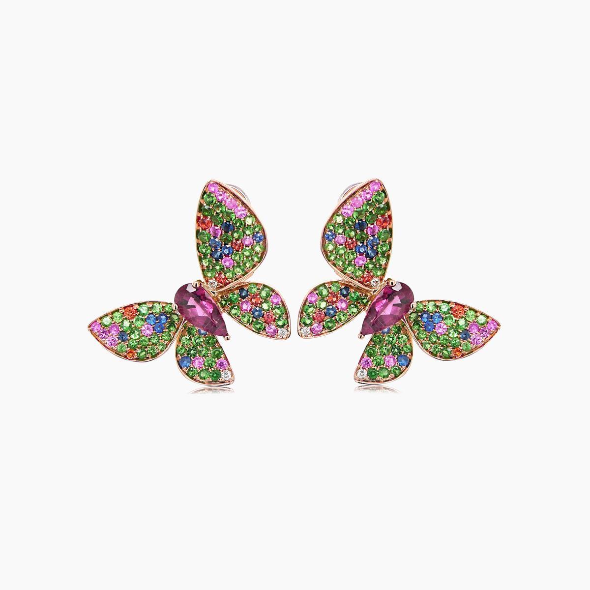 Mixed Cut Multicolor Gemstones & Diamonds Butterfly Sweet 18K Rose Gold Drop Earrings For Sale