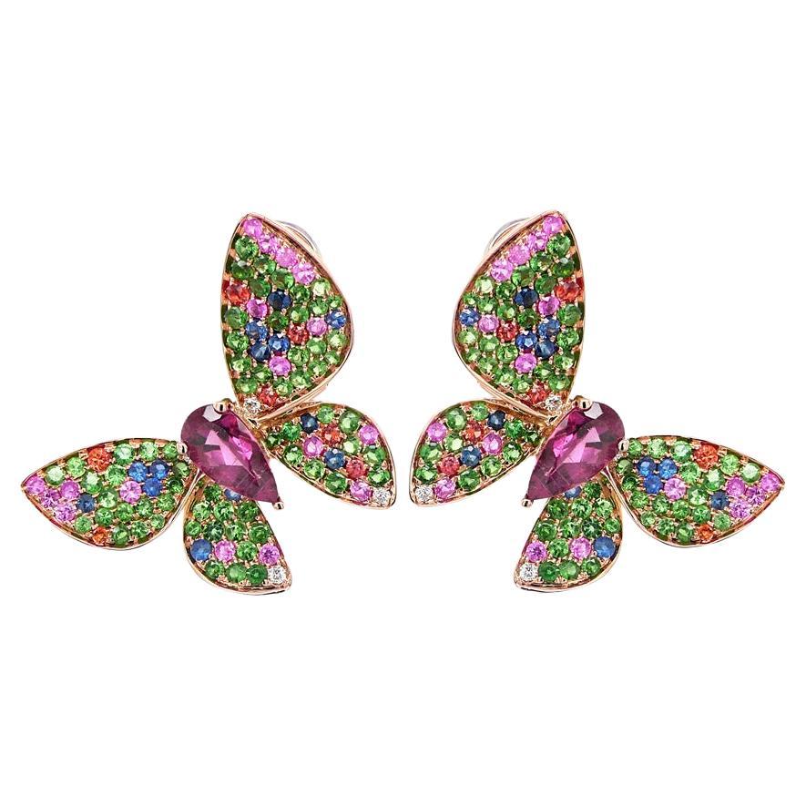 Multicolor Gemstones & Diamonds Butterfly Sweet 18K Rose Gold Drop Earrings For Sale