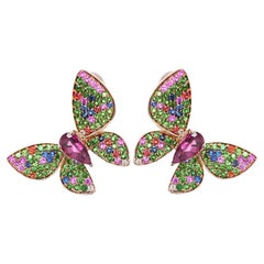 Pendants d'oreilles en or rose 18 carats avec pierres précieuses et diamants multicolores et papillon doux