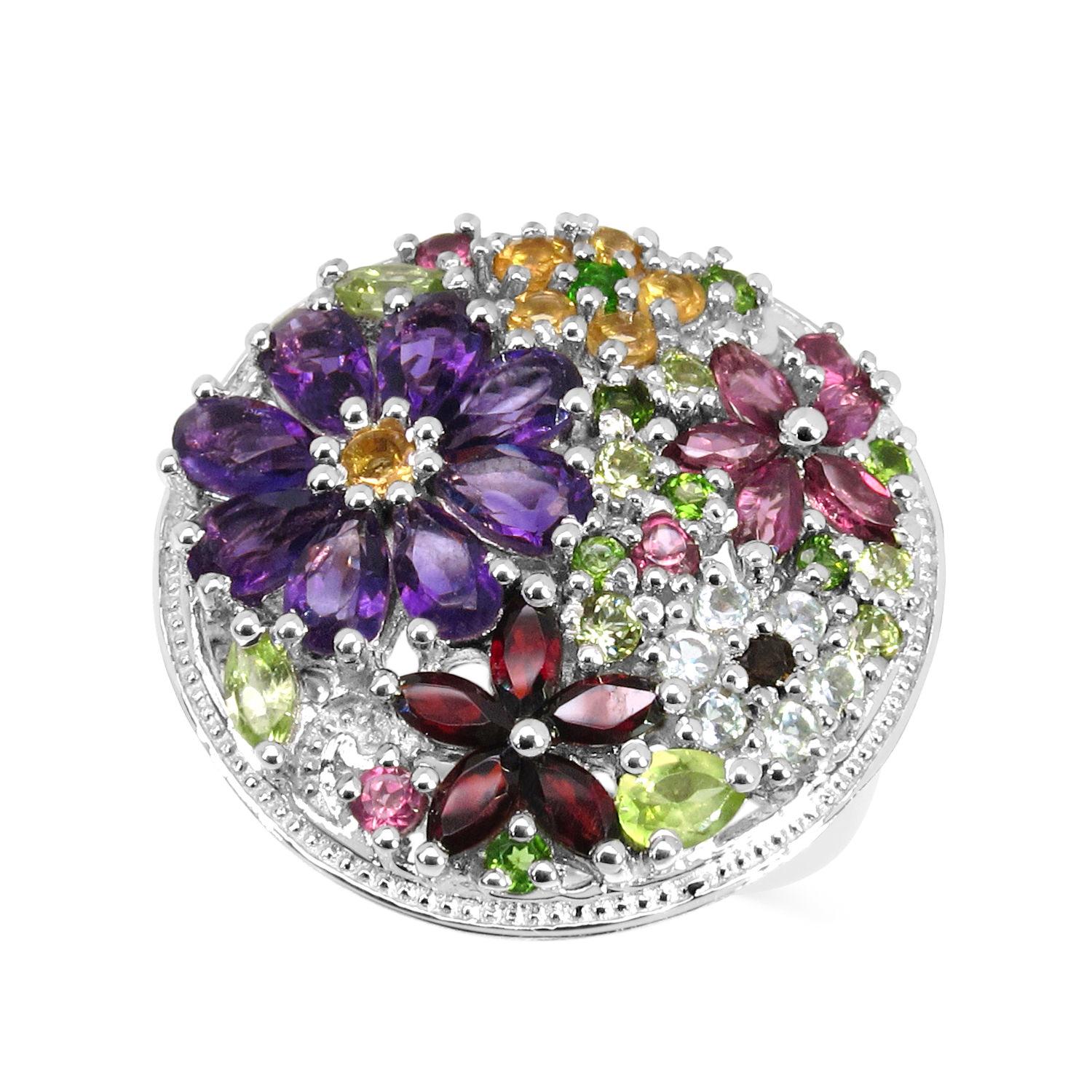 Contemporaneo Multicolor Gemstones Flower Ring 4 Carats Sterling Silver in vendita