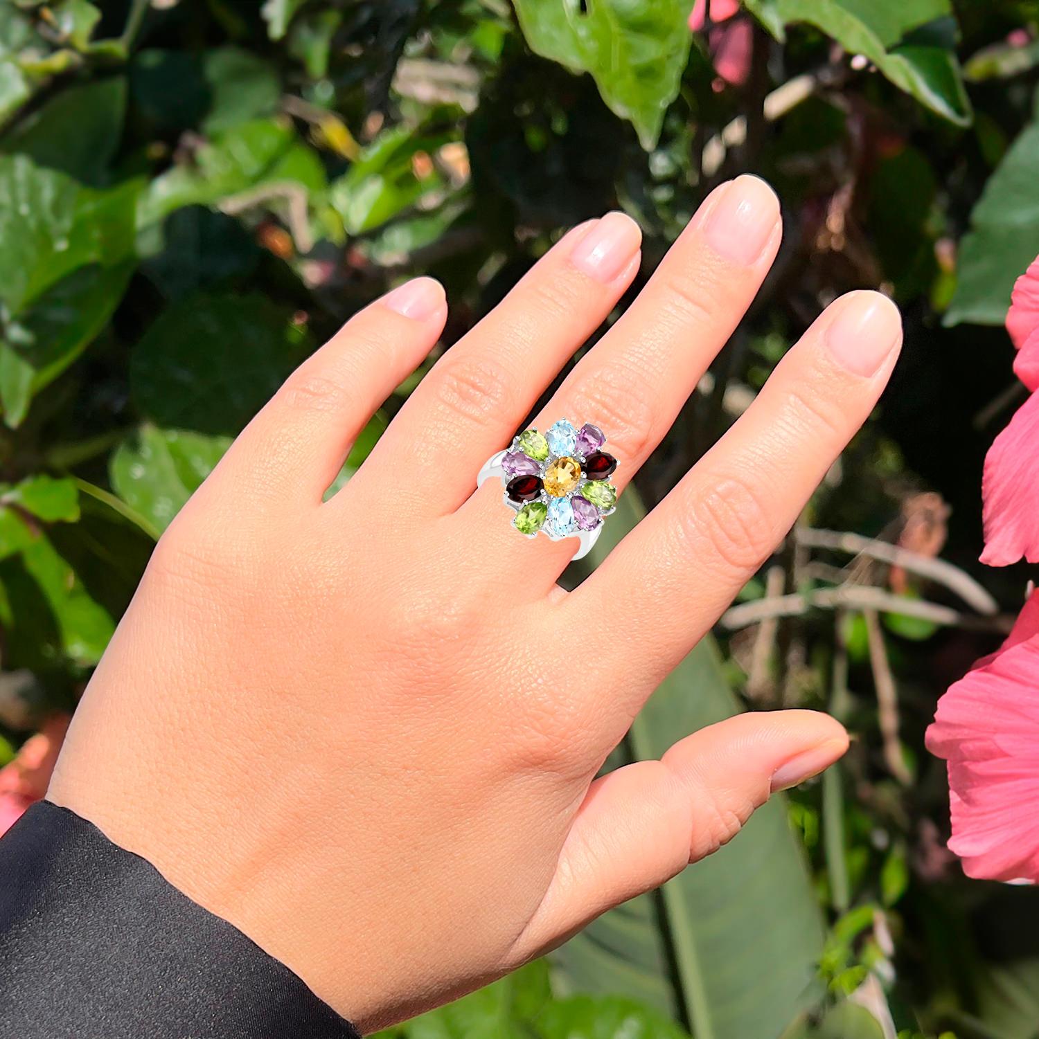 Oval Cut Multicolor Gemstones Flower Ring 5.2 Carats Sterling Silver For Sale