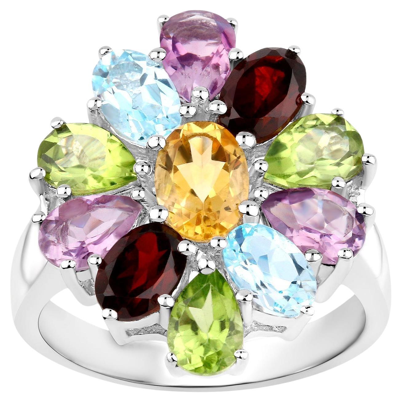 Bague fleur 5,2 carats en argent sterling et pierres précieuses multicolores