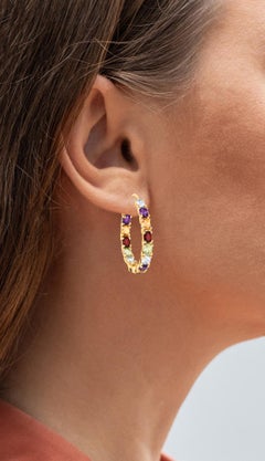 Multicolor Gemstones Hoop Earrings 5.4 Carats 14K Yellow Gold Plated Silver