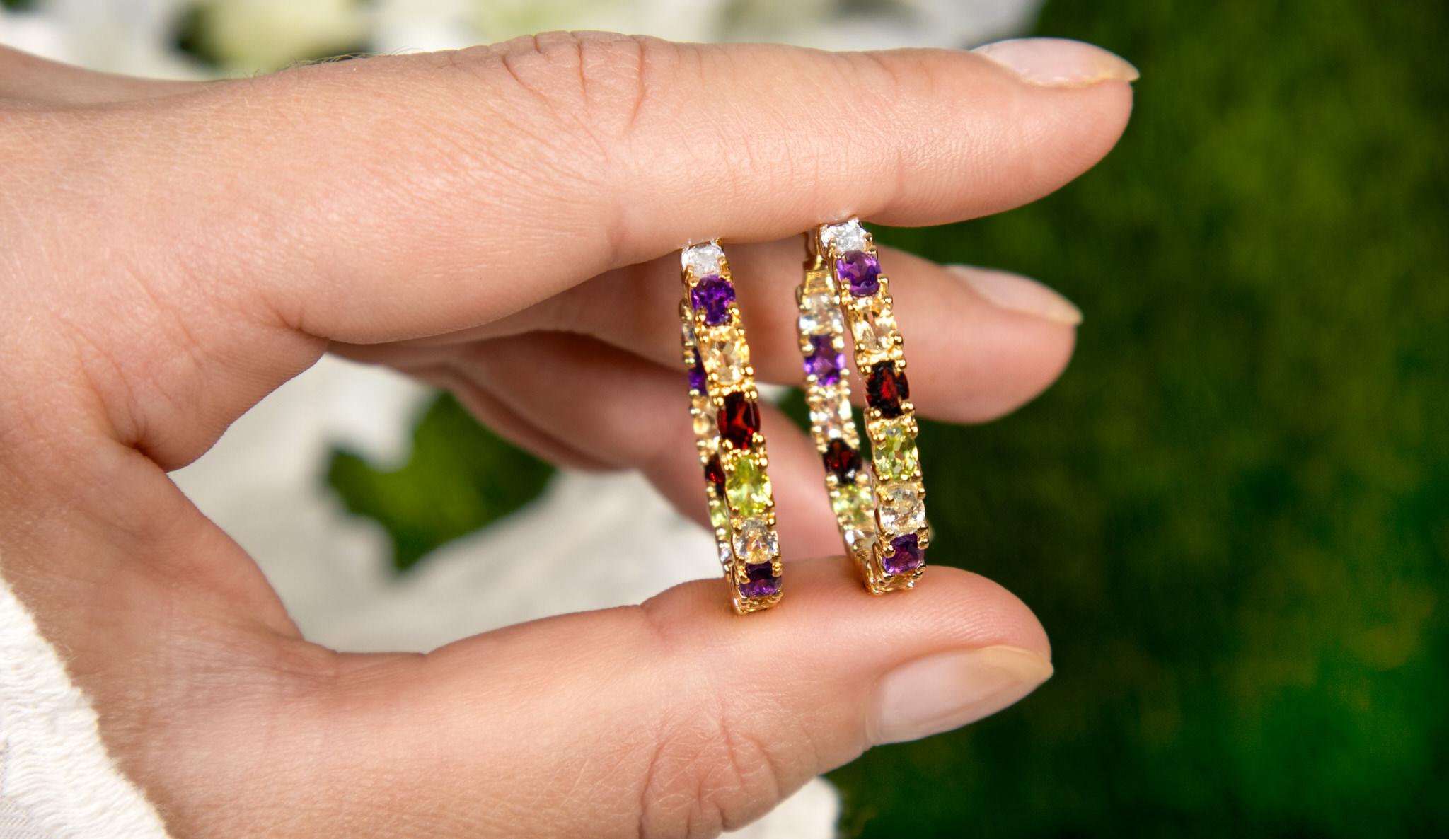 Contemporary Multicolor Gemstones Hoop Earrings 5.4 Carats 14K Yellow Gold Plated Silver For Sale