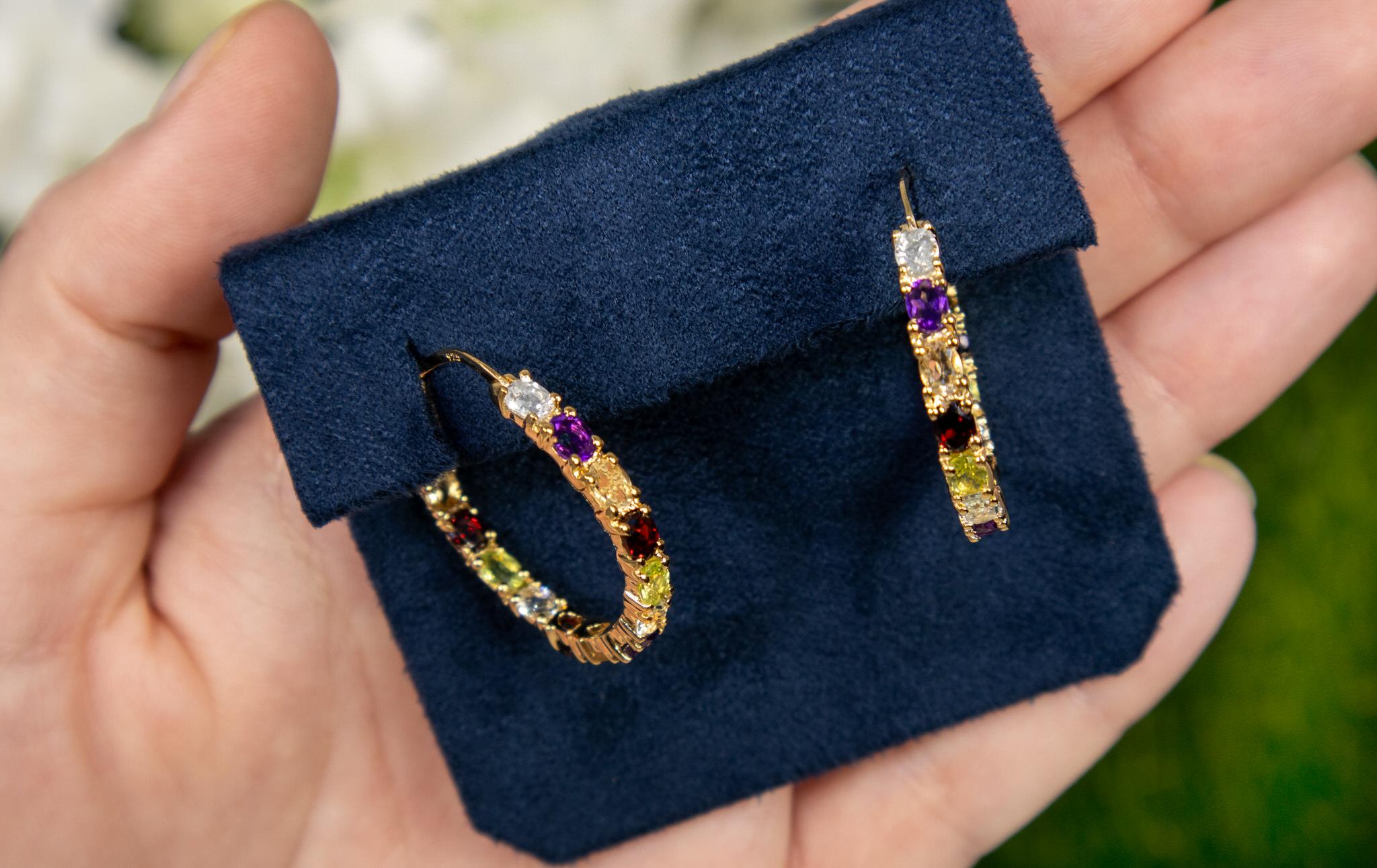 Oval Cut Multicolor Gemstones Hoop Earrings 5.4 Carats 14K Yellow Gold Plated Silver For Sale