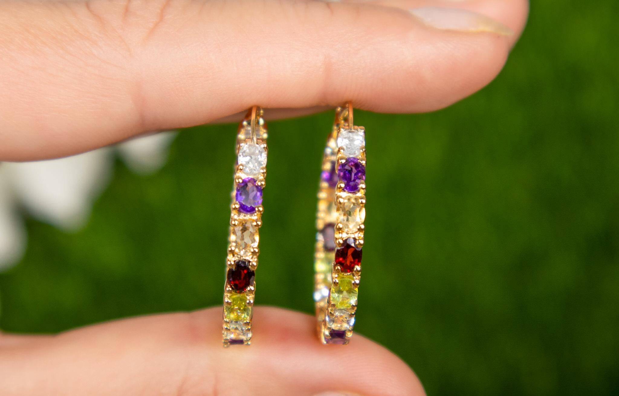 Multicolor Gemstones Hoop Earrings 5.4 Carats 14K Yellow Gold Plated Silver In New Condition For Sale In Aliso Viejo, CA