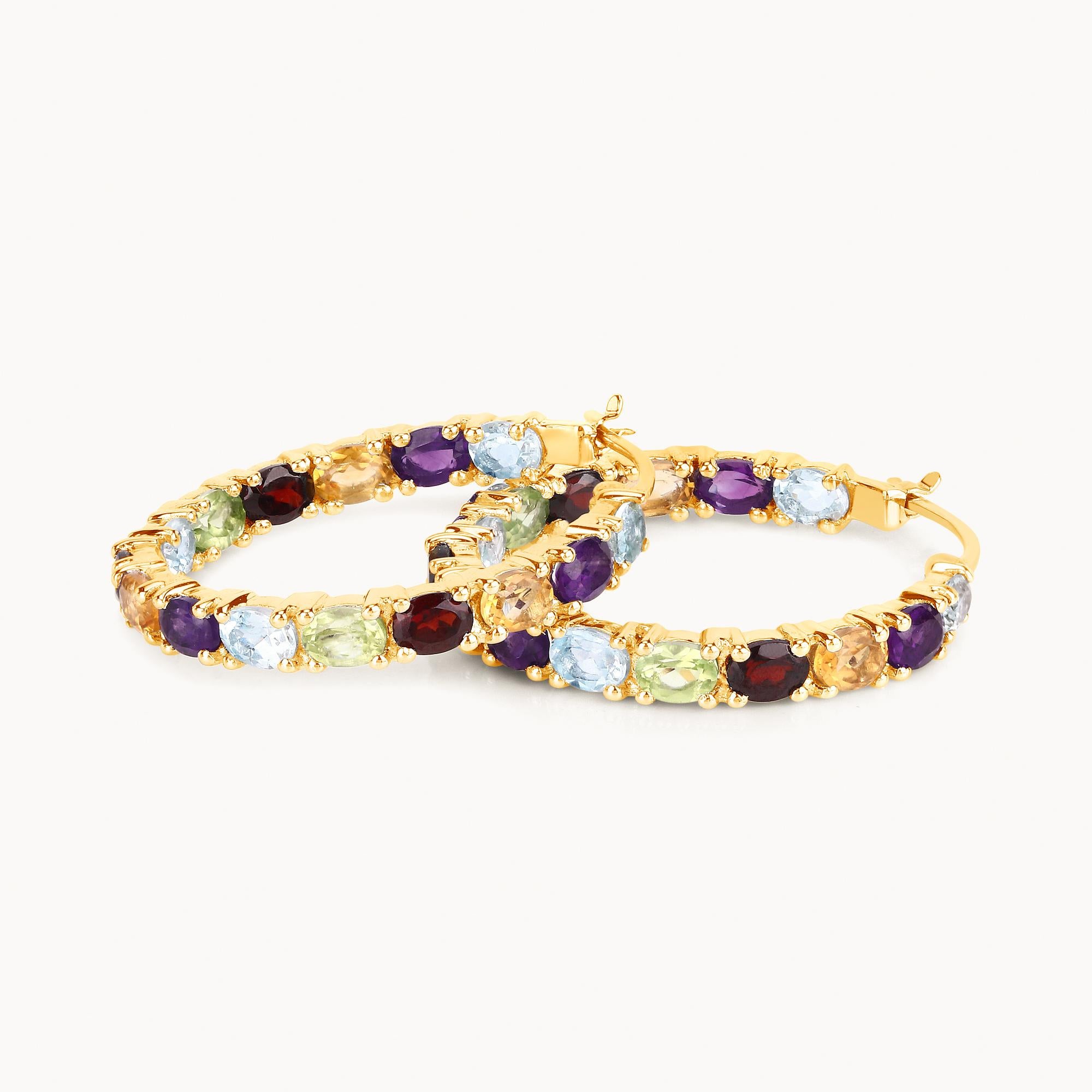 Women's or Men's Multicolor Gemstones Hoop Earrings 5.4 Carats 14K Yellow Gold Plated Silver For Sale