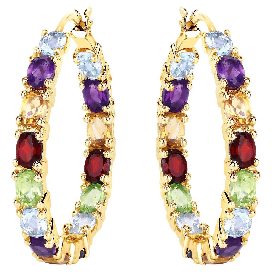 Créoles en argent plaqué or jaune 14 carats et pierres précieuses multicolores 5,4 carats