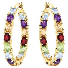 Multicolor Gemstones Hoop Earrings 5.4 Carats 14K Yellow Gold Plated Silver