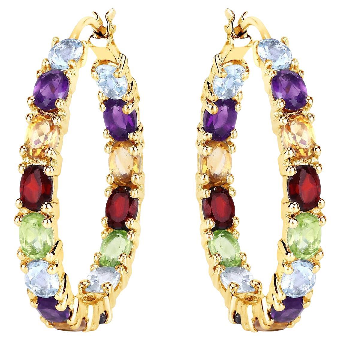 Multicolor Gemstones Hoop Earrings 5.4 Carats 14K Yellow Gold Plated Silver For Sale