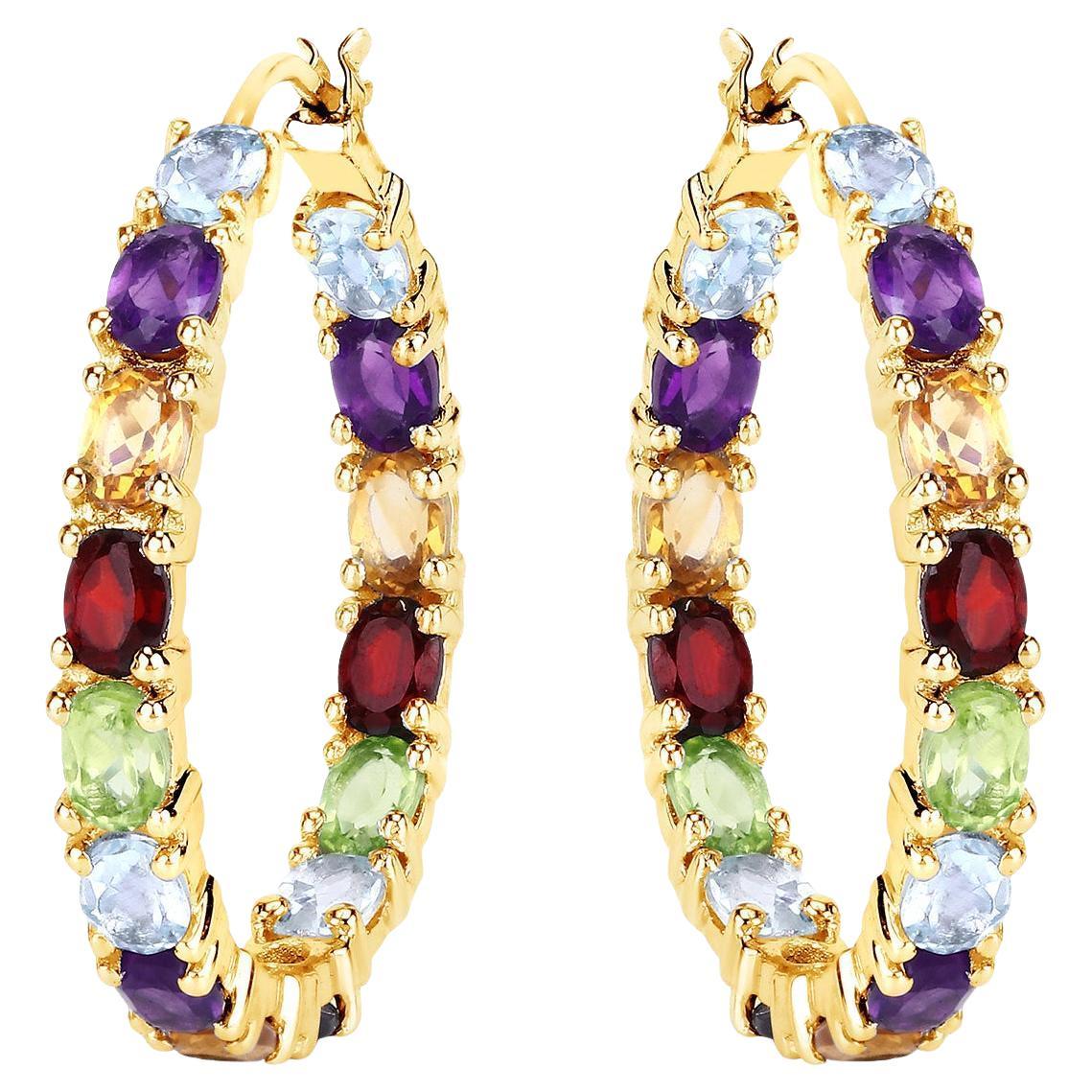 Multicolor Gemstones Hoop Earrings 5.4 Carats 14K Yellow Gold Plated Silver For Sale