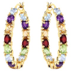 Multicolor Gemstones Hoop Earrings 5.4 Carats 14K Yellow Gold Plated Silver