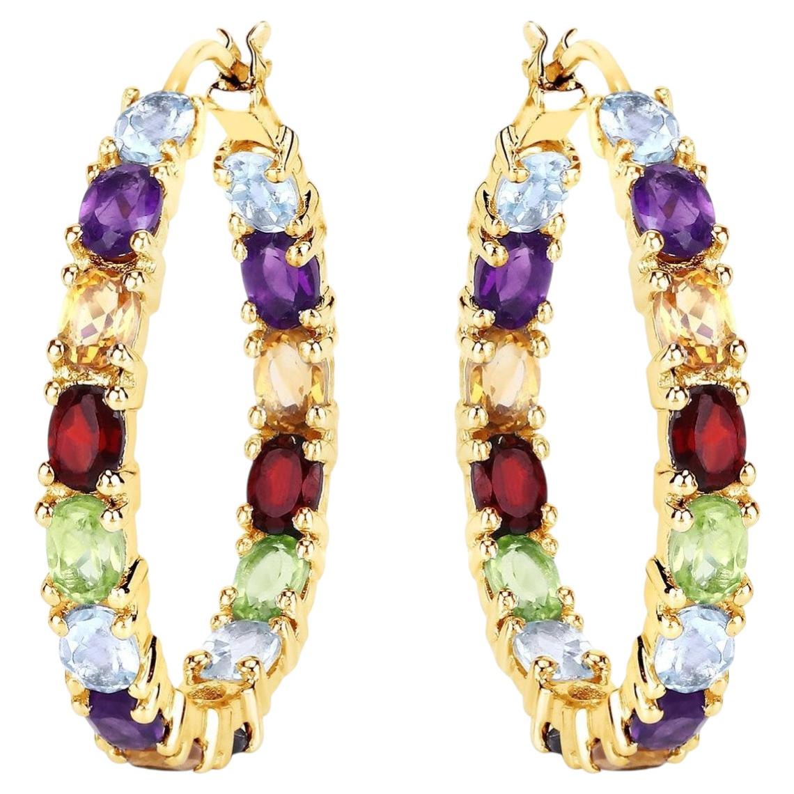 Multicolor Gemstones Hoop Earrings 5.4 Carats 14K Yellow Gold Plated Silver