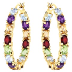 Multicolor Gemstones Hoop Earrings 5.4 Carats 14K Yellow Gold Plated Silver