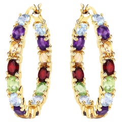 Multicolor Gemstones Hoop Earrings 5.4 Carats 14K Yellow Gold Plated Silver