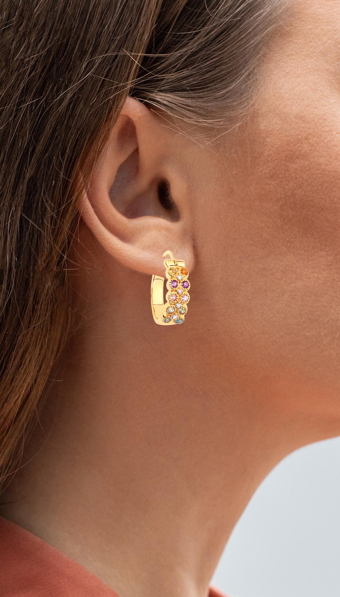 Mixed Cut Multicolor Gemstones Hoop Earrings With Diamonds 18K Yellow Gold Plated For Sale