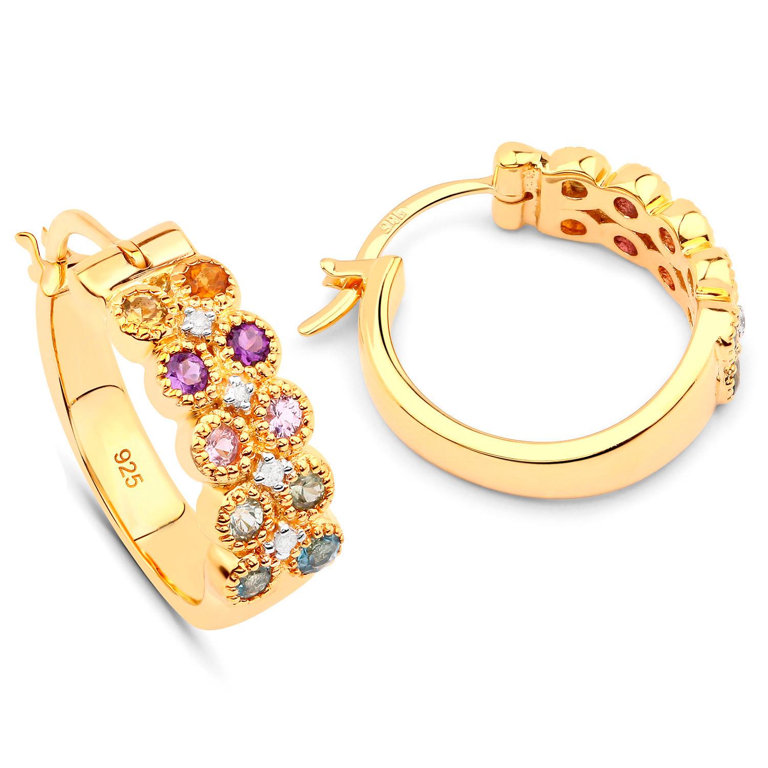 Multicolor Gemstones Hoop Earrings With Diamonds 18K Yellow Gold Plated For Sale 1