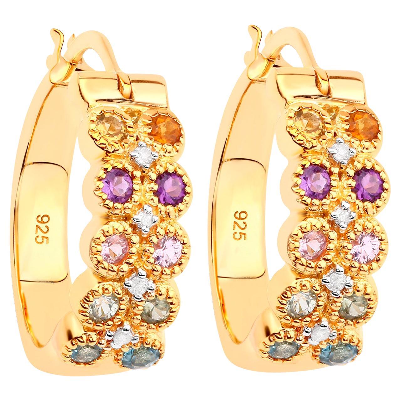 Mehrfarbige Edelsteine-Creolen-Ohrringe mit Diamanten 18K Gelbgold vergoldet im Angebot